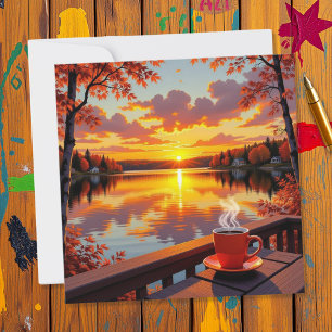 Carte Lever de soleil au bord du lac et café chaud