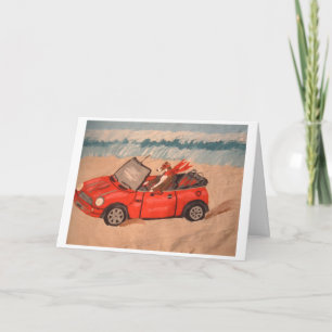 Carte Lévrier en voiture décapotable rouge à la plage