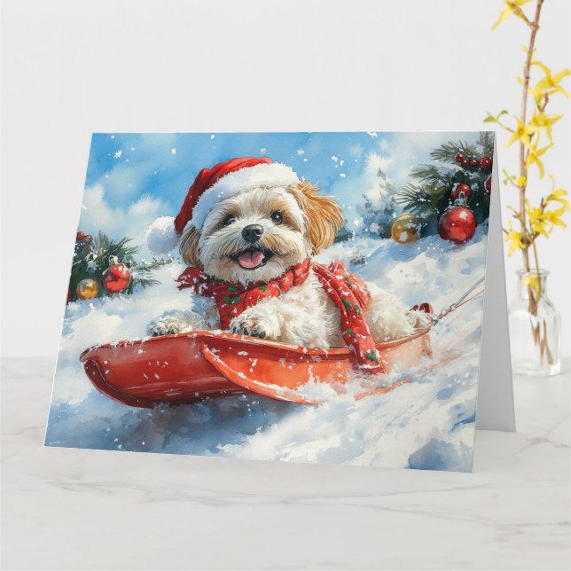 Carte Lhassa Apso Dog in Sledge Let it Neige Noël (Fleur jaune)