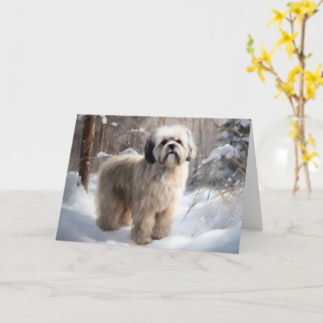 Carte Lhassa Apso Laisse Neige Noël (Fleur jaune)