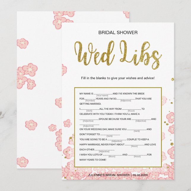 Carte Lib Fête de l'mariée| Or et rose (Devant / Derrière)