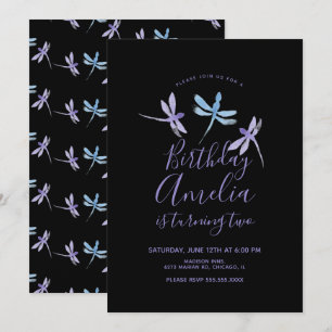 Carte Libellule Aquarelle Fête d'anniversaire Violet Noi