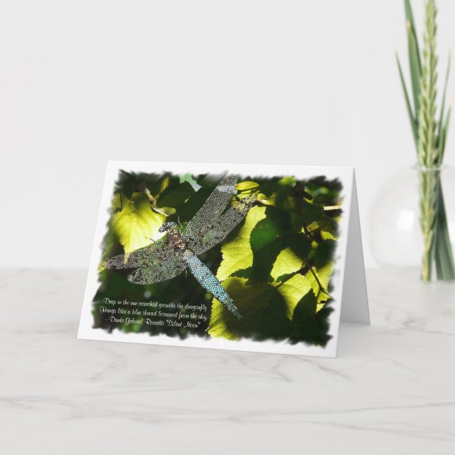 Carte Libellule bleue avec le feuille vert/citation (Devant)