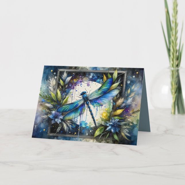 Carte Libellule bleue botanique aquarelle (Devant)