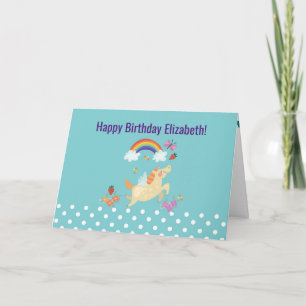 Carte Licorne Arc-en-ciel Nuages et Fleurs Joyeux Annive