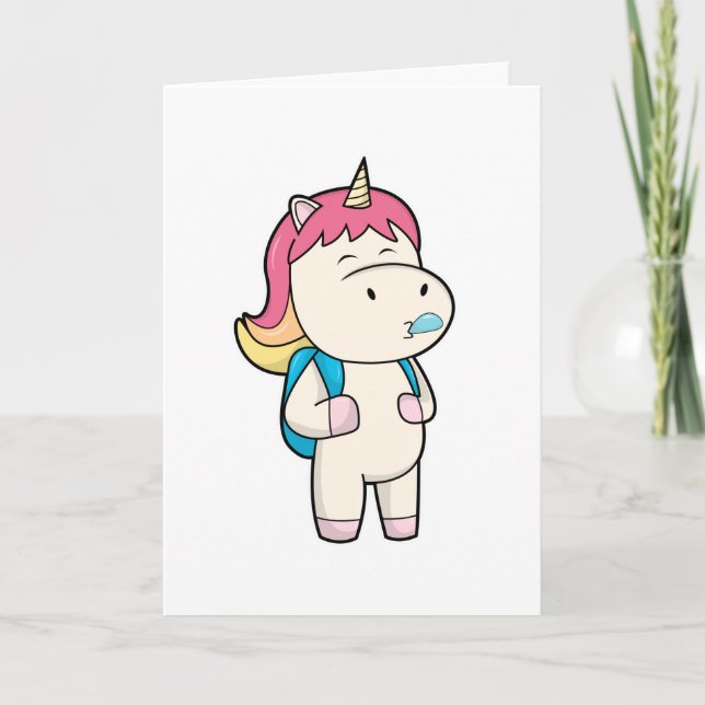 Carte Licorne avec sac à dos et chewing-gum (Devant)