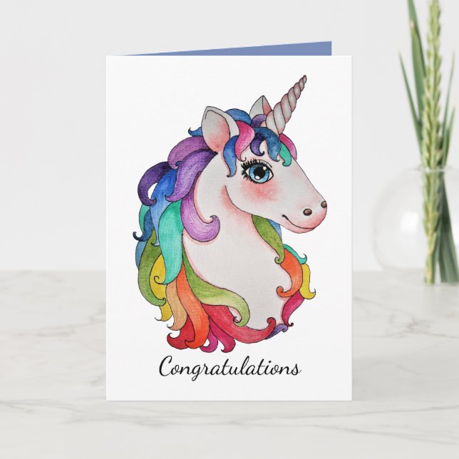 Carte Licorne d'aquarelle avec des cheveux d'arc-en-ciel (Devant)