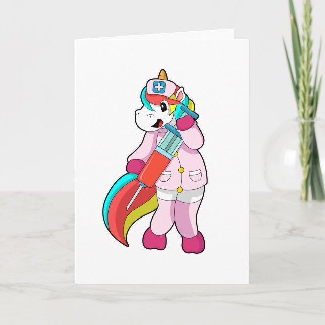 Carte Licorne en infirmière à la vaccination et seringue (Devant)