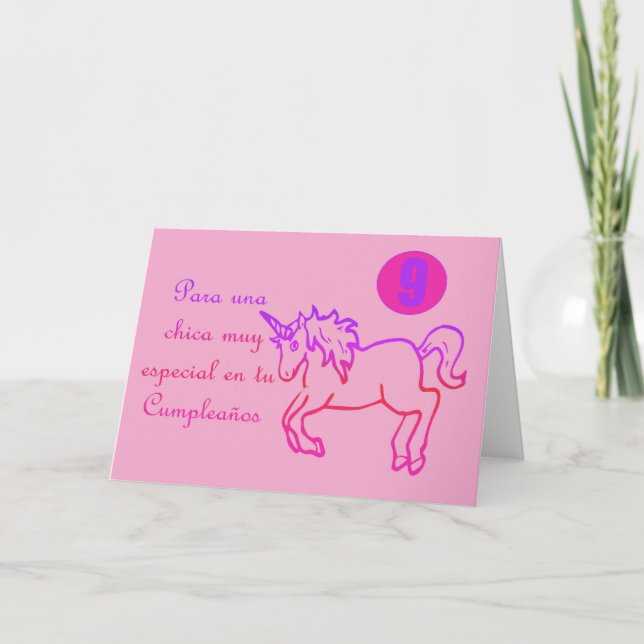 Carte Licorne espagnole 9 d'anniversaire de Feliz (Devant)