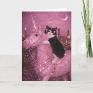 Carte Licorne Féerique Chat Sous la Ville Étincelante   