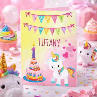 Carte Licorne Joyeux 1er Anniversaire Fille