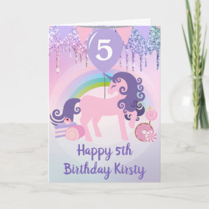 Carte Licorne Rose avec Arc-en-Ciel et Bonbons 5ème Anni