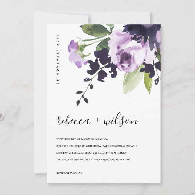 CARTE LILAC PURPLE ROSE PEONY FLORAL WATERCOLOR MARIAGE (Devant)