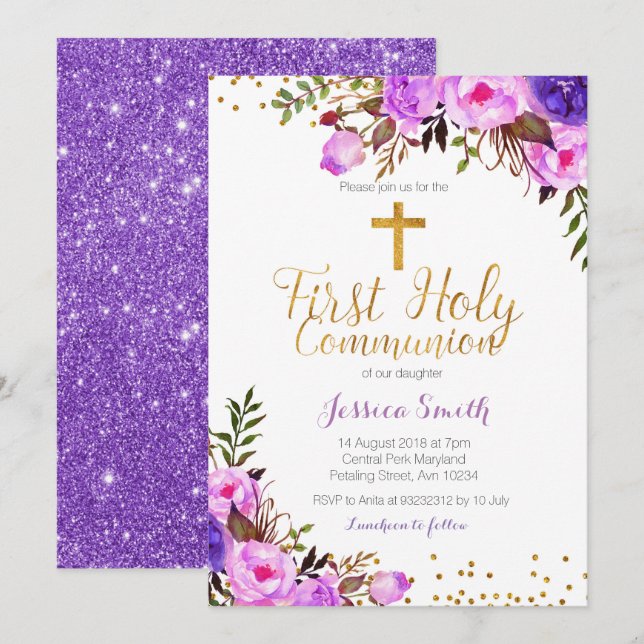 Carte lilas pourpre d'invitation de baptême de (Devant / Derrière)