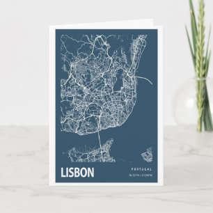 Carte Lisbonne Portugal Ville Plan Ligne Art Bleu Imprim
