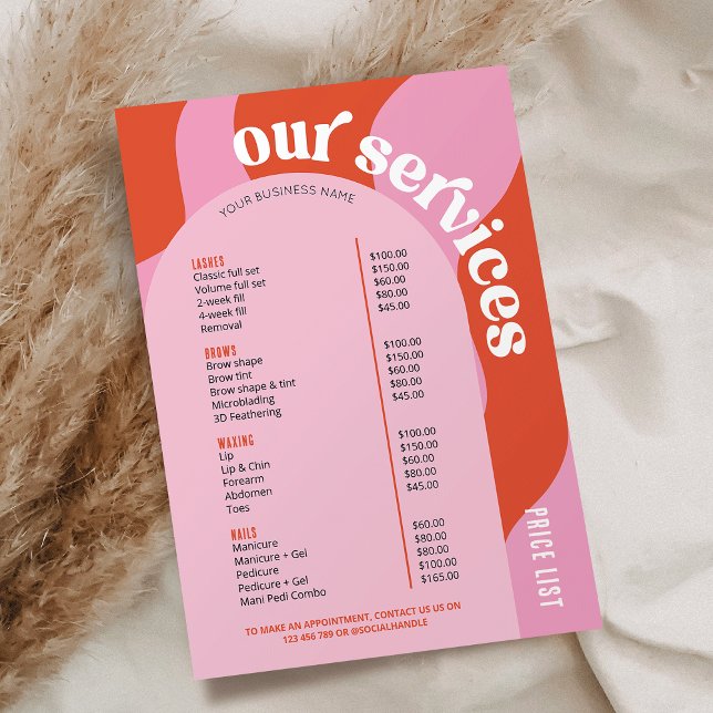 Carte Liste des prix des services aux entreprises Retro  (Trendy retro style girly pink + red business price list of services with unique arch background)
