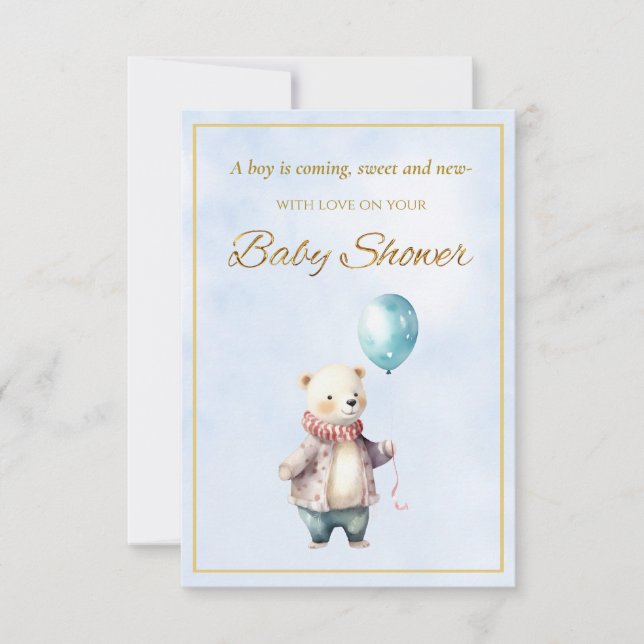 Carte Little Bear tenant un Baby shower à ballon (Devant)
