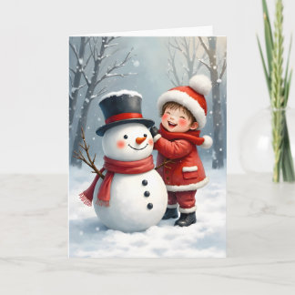 Carte Little Boy Building a Snowman Blank Christmas