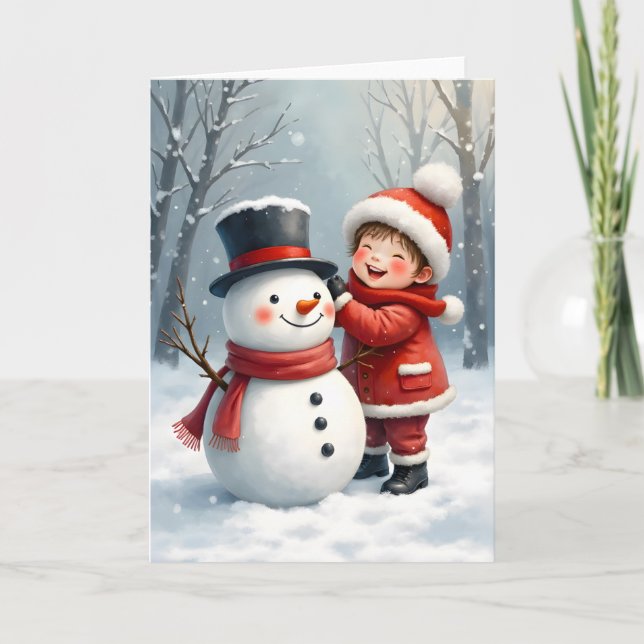 Carte Little Boy Building a Snowman Blank Christmas  (Devant)