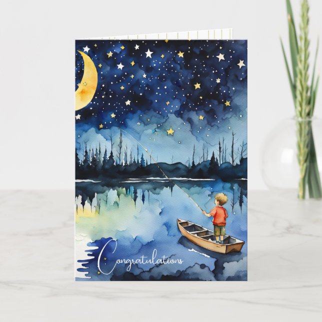 Carte Little Boy Fishing for New Baby Félicitations (Devant)