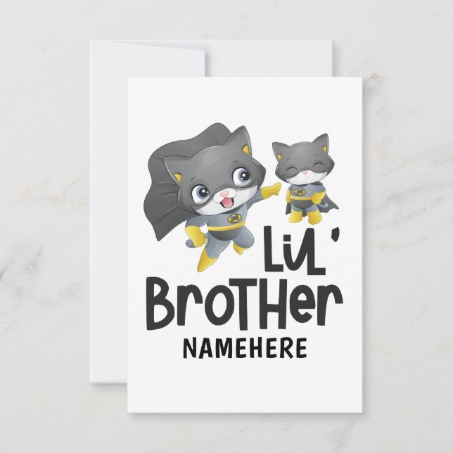 Carte Little Brother Superhero Chat Nom personnalisé (Devant)