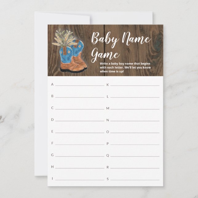 Carte Little Cowboy Bootie Nom du Baby shower Jeu (Devant)