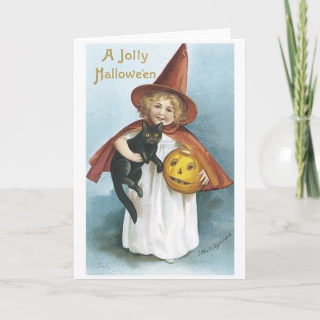 Carte Little Girl and Black Cat Jolly Halloween (Devant)