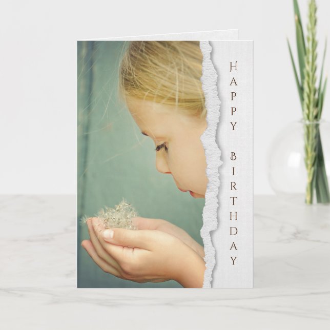 Carte little girl blowing dandelion seed birthday (Devant)