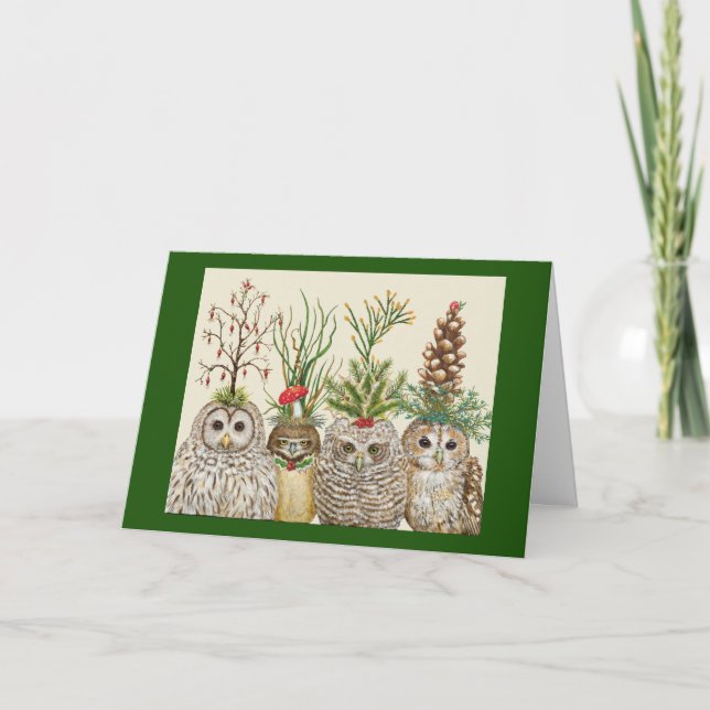 Carte Little Owls with Holiday hats Folded Greeting Card (Devant)