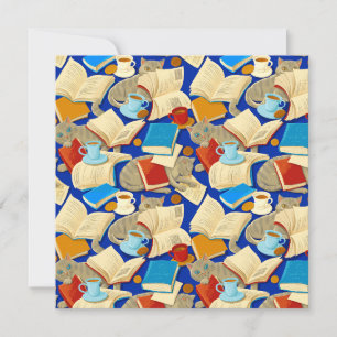 Carte Livres et chats en bleu