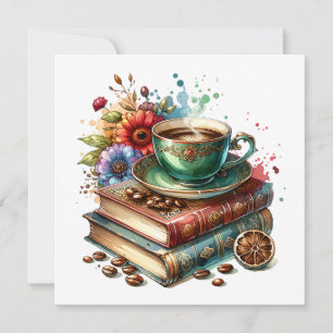 Carte Livres vintages, fleurs et café