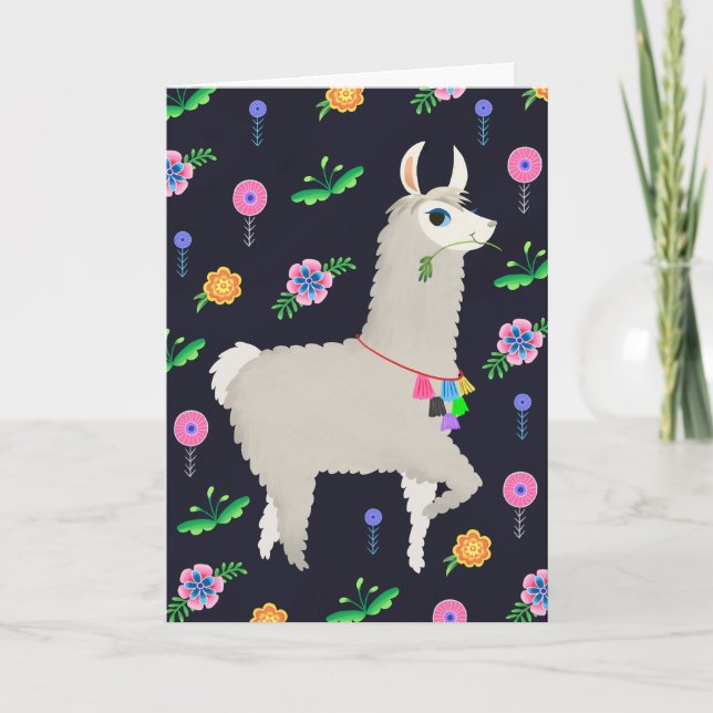 Carte Llama aux fleurs Anniversaire (Devant)