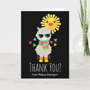 Carte Llama Cool et Soleil Kawaii Sourire Merci