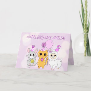 Carte Llama lunaire, chaton et souris Anniversaire de la