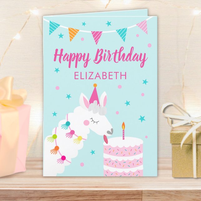 Carte Llama Nom personnalisé Aqua Joyeux anniversaire (Créateur téléchargé)