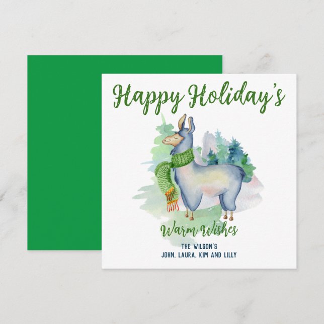Carte Llama Wreath Aquarelle Joyeuses Vacances Personnal (Devant / Derrière)