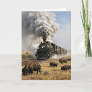 Carte Locomotive à vapeur d'anniversaire avec buffles au