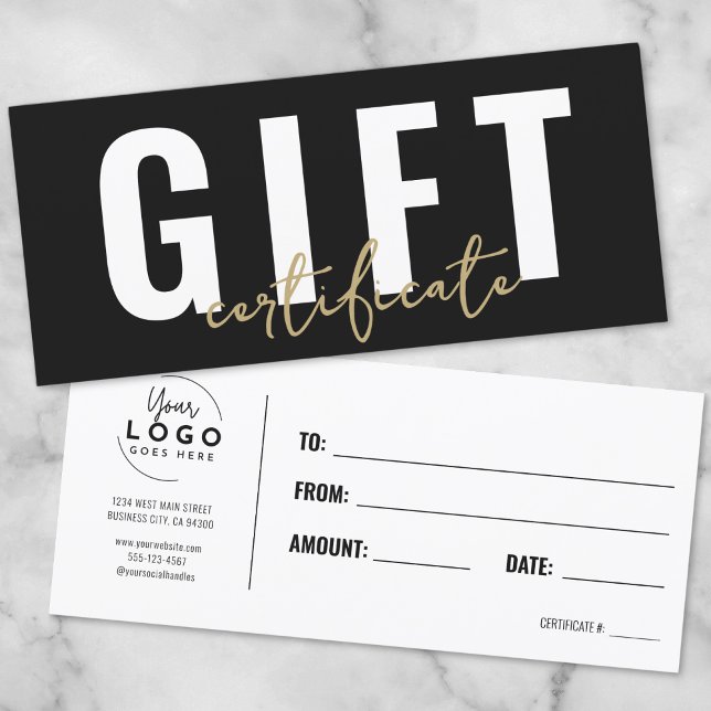 Carte Logo Black Gold Script Certificat cadeau d'entrepr (Logo Black Gold Script Business Gift Certificate)