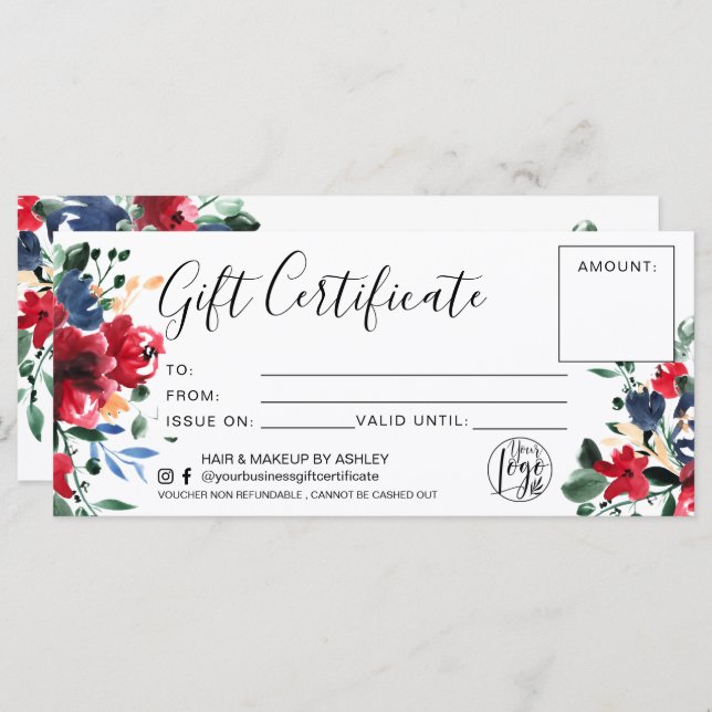 Carte Logo cadeau à l'aquarelle florale rouge (Devant / Derrière)