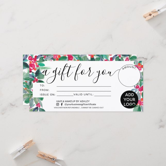 Carte Logo cadeau de certificat d'aquarelle florale de N (Devant/Arrière en situation)