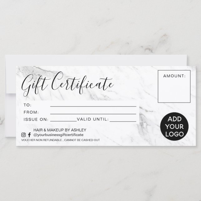Carte Logo cadeau moderne en marbre blanc noir (Devant)