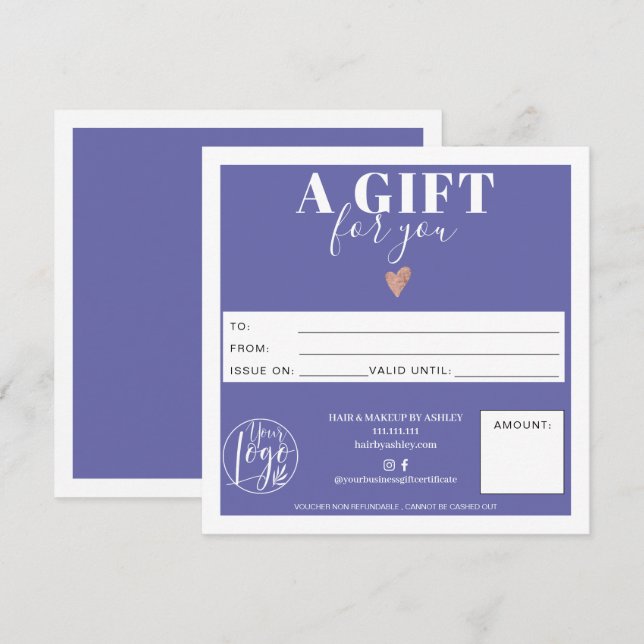 Carte Logo de certificat cadeau carré bleu violet modern (Devant / Derrière)
