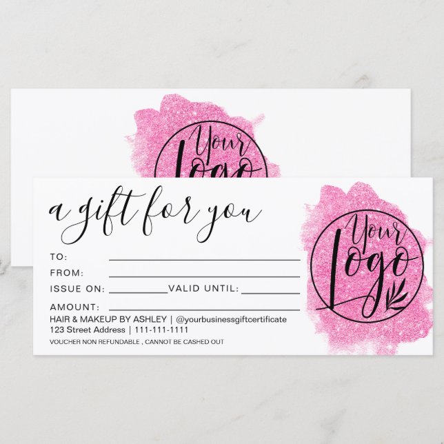 Carte Logo de certificat cadeau parties scintillant rose (Devant / Derrière)