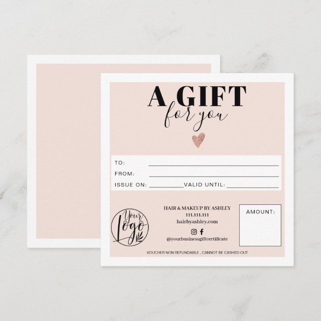 Carte Logo de certificat cadeau Pastel rose pâle carré (Devant / Derrière)