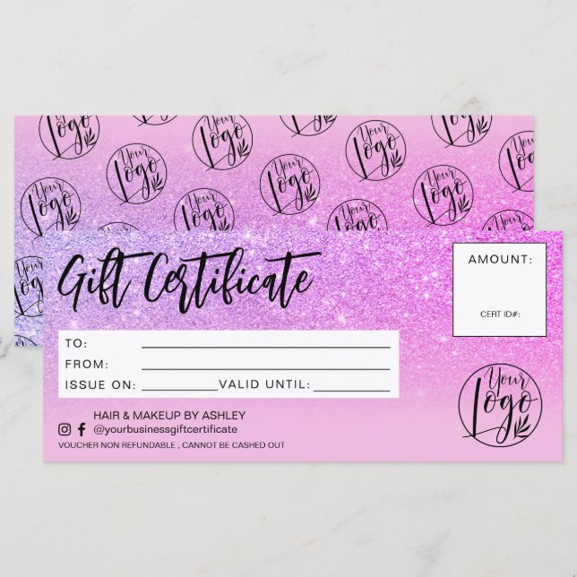 Carte Logo de certificat cadeau rose parties scintillant (Devant / Derrière)