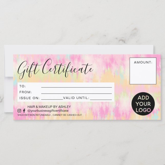Carte logo de certificat cadeau teint en tie dye pastel  (Devant)