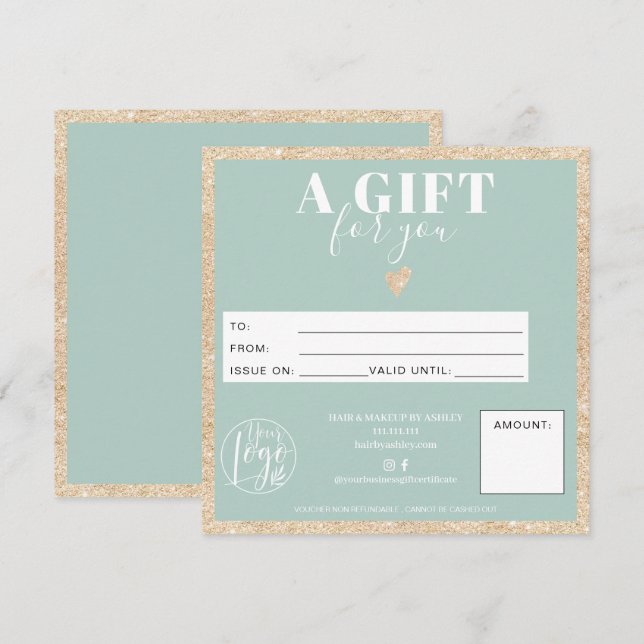 Carte Logo de certificat cadeau vert parties scintillant (Devant / Derrière)