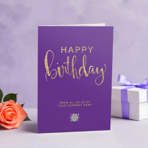 Carte Logo Elégant Faux Gold Sleek Purple Joyeux Anniver