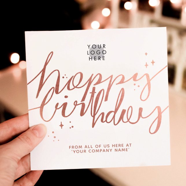 Carte Logo Faux Rose Gold Script Blanc Anniversaire (Créateur téléchargé)