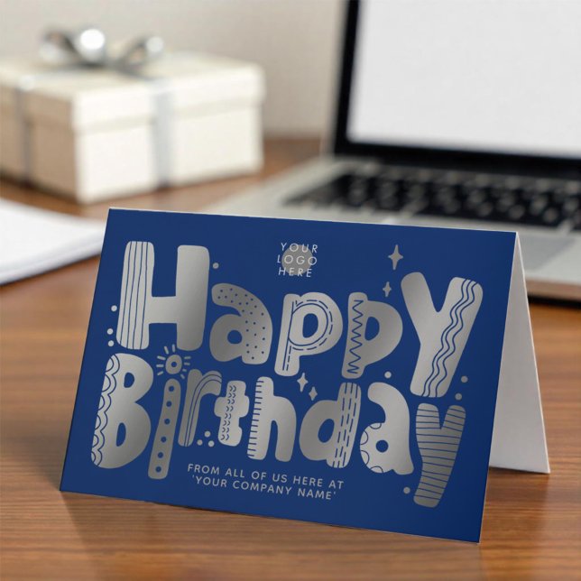 Carte Logo Fun Argent manuscrit Marine Bleu Anniversaire (Créateur téléchargé)